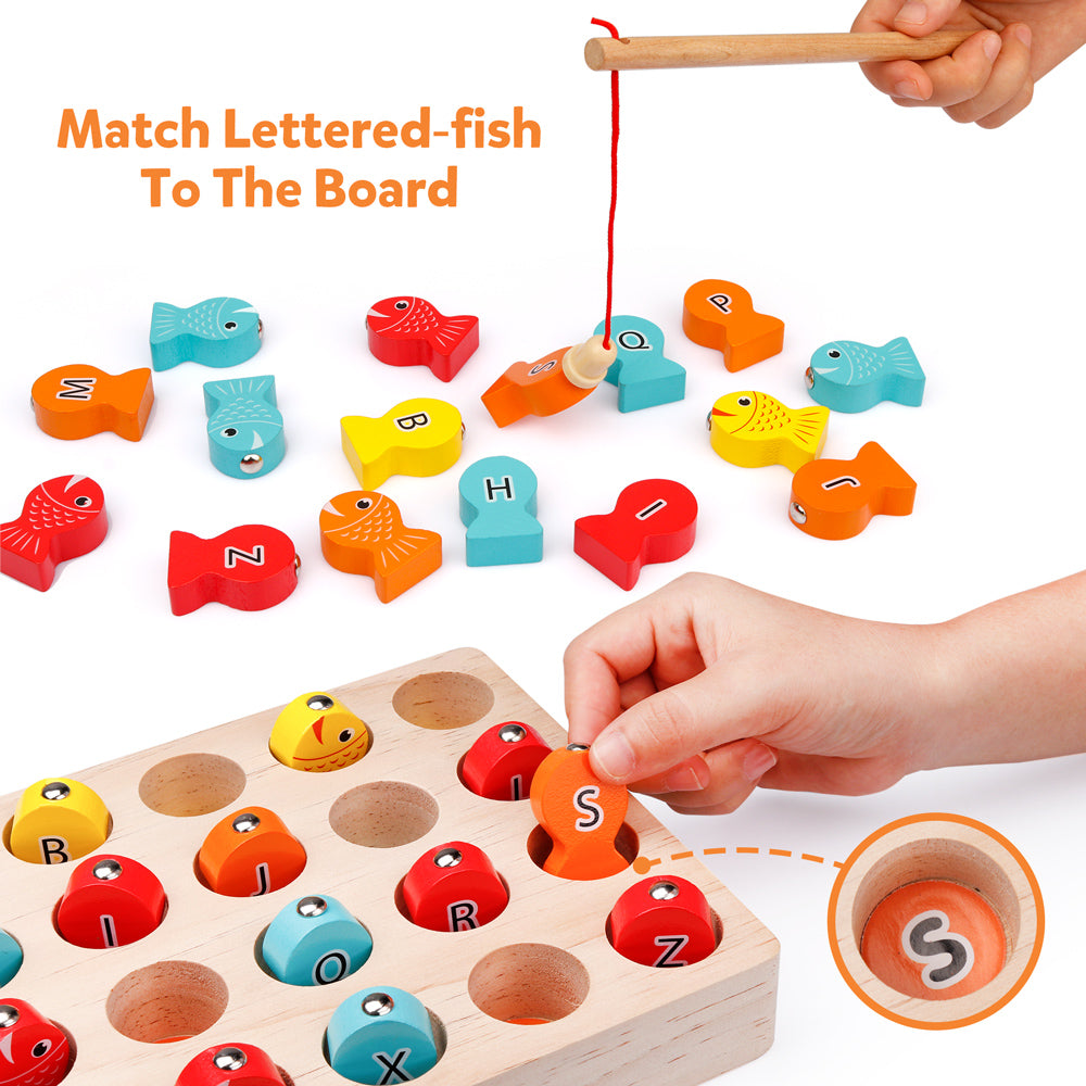 NASHRIO Magnetic Wooden Fishing Game Toy for Toddlers, Alphabet Fish Catching Counting Games Puzzle with Numbers and Letters, Preschool Learning ABC