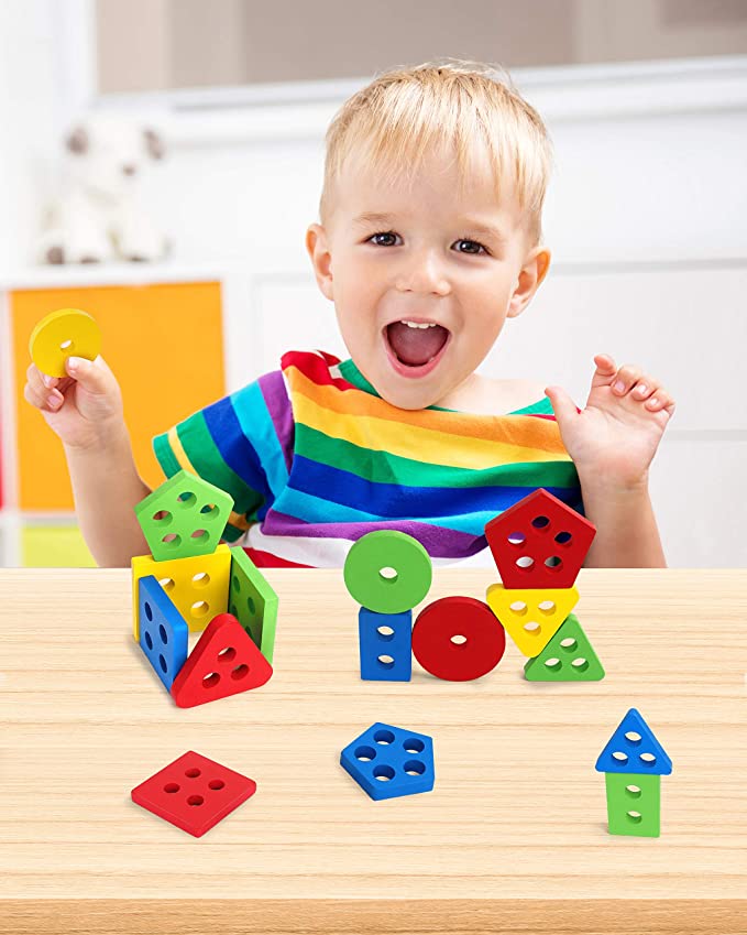 Coogam Wooden Sorting Stacking Toys, Shape Color Recognition Blocks Matching Puzzle
