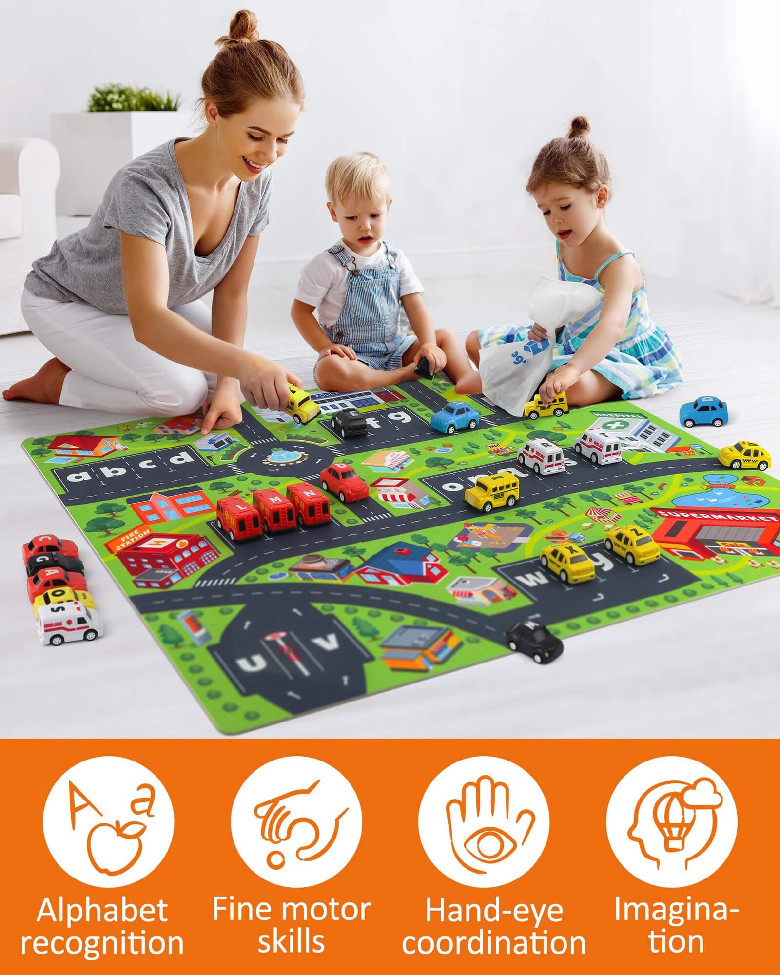 Aba Car Mathcing Pull Back Car with Play Mat Preschool Letter Matching Game – Coogam