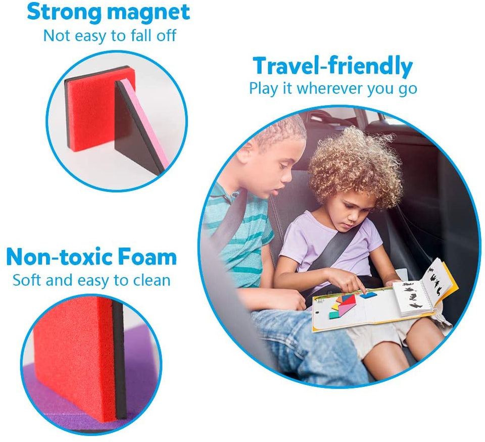 Wooden Travel Tangram Puzzle for Kids, Magnetic Pattern Block Book