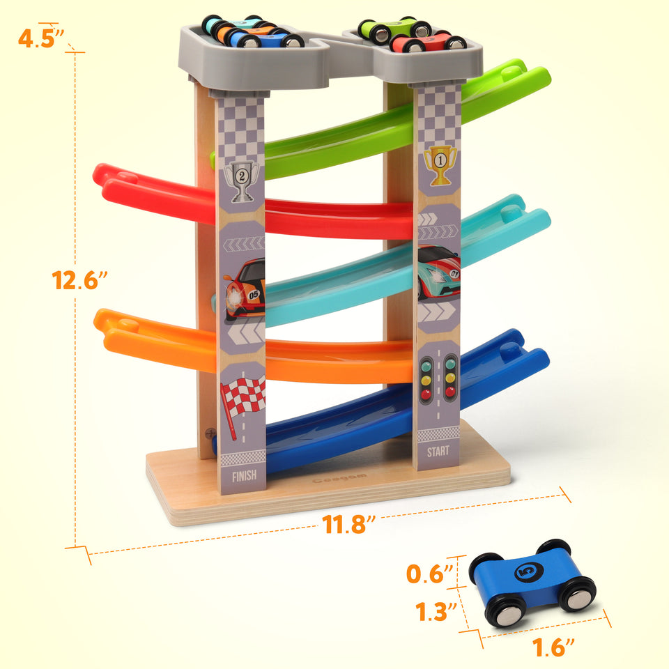 Coogam Wooden Race Track Car Ramp Toy for Toddler