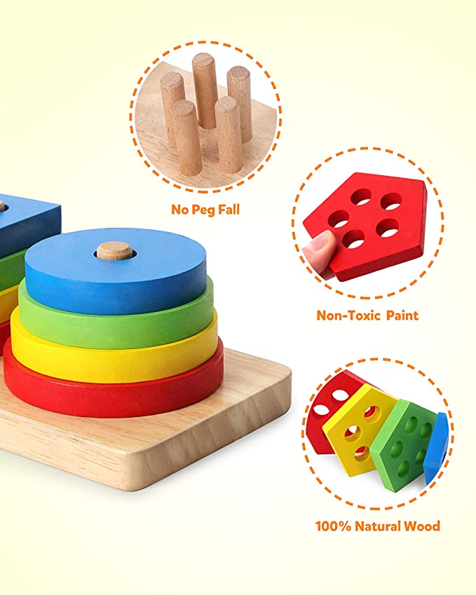 Coogam Wooden Sorting Stacking Toys, Shape Color Recognition Blocks Ma